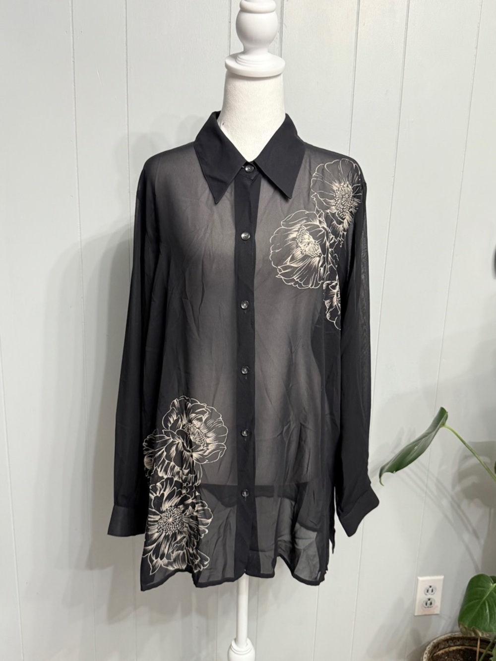 Liz Claiborne Black Sheer Floral Button Down Shirt 14W Plus Size Tan Print Top